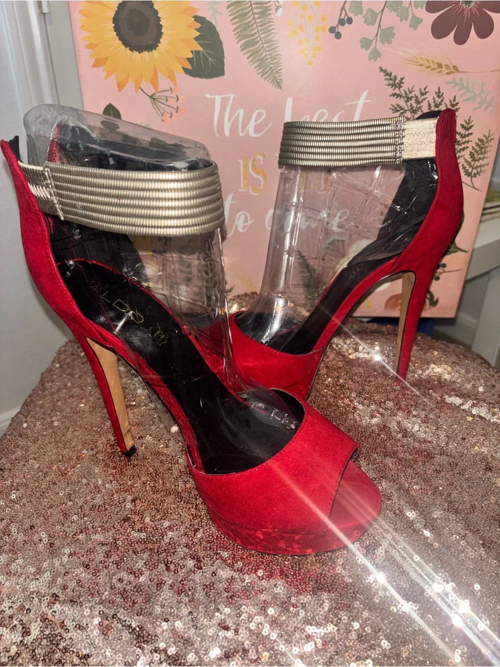 Aldo Red Suede Platform Peep-Toe Heels with Gold Ankle Detail